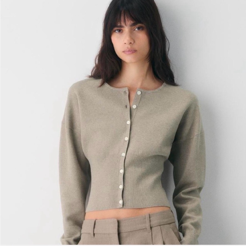 Aritzia Slim Ribbed Button-Up Cardigan in Taupe